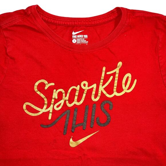 The Nike Tee Girls Sparkle This T Shirt Top Red Gold Athletic Cut Large - Picture 2 of 6